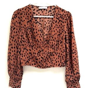 O. Vianca Animal  Print Long Sleeve Button Crop V-neck Top Blouse, Size Small